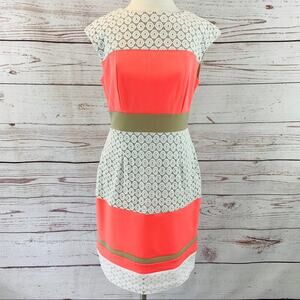 Sandra Darren neon coral white beige lace sheath